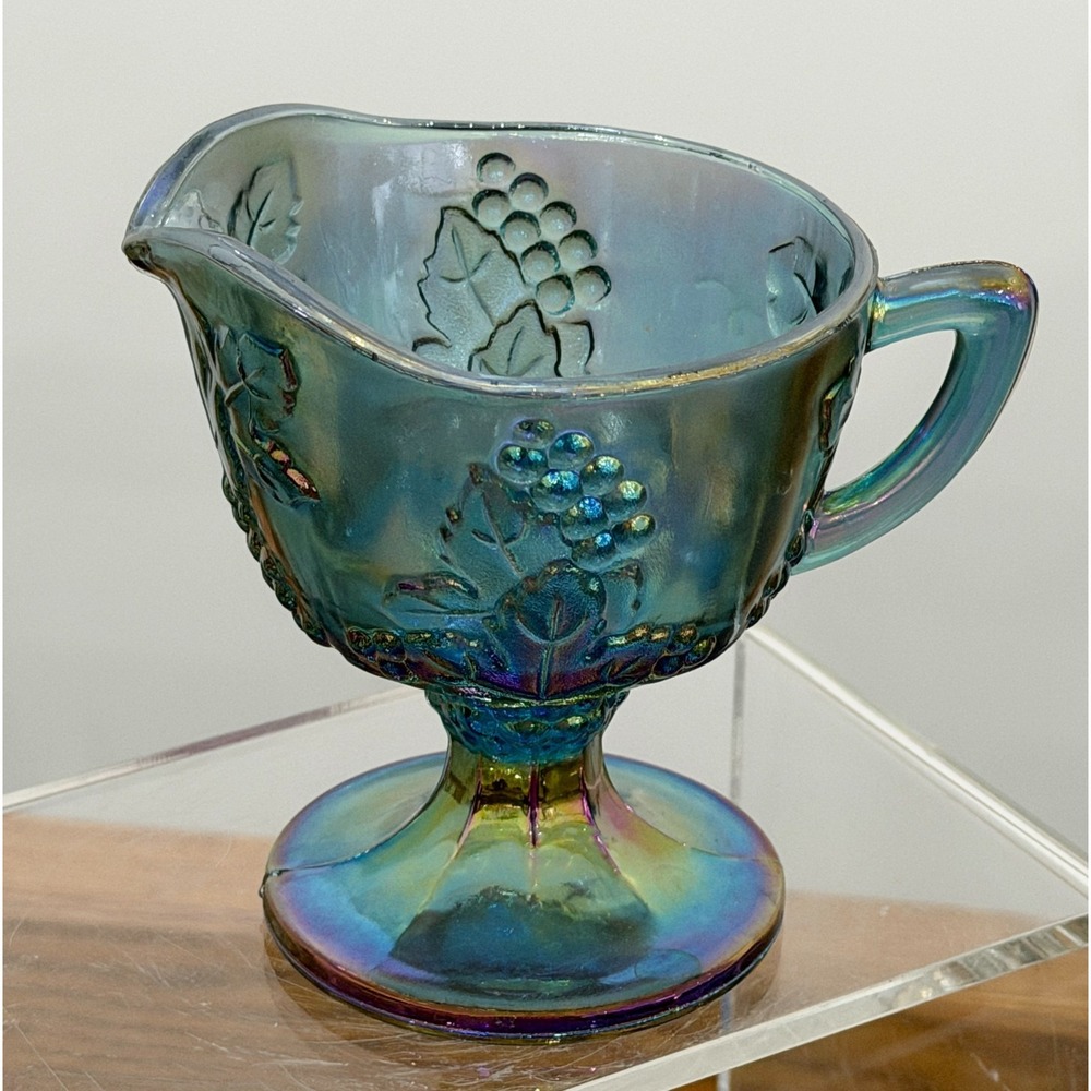 Vintage Indiana Blue Iridescent Carnival Glass Harvest Grape Creamer 1970's - Picture 2 of 8